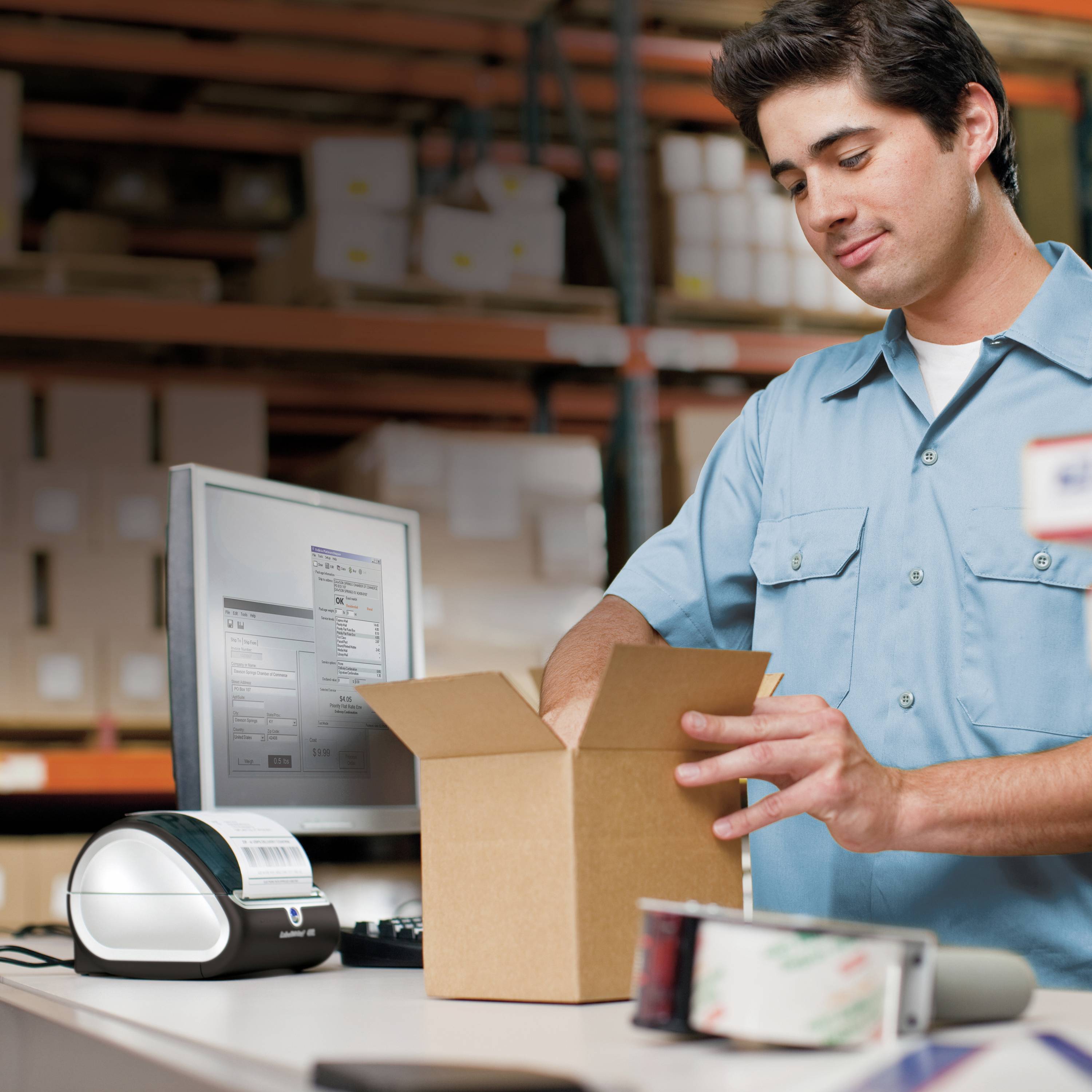 Eine Person in Arbeitskleidung verpackt Waren in einer Lagerumgebung. Neben ihr steht ein Etikettendrucker auf einem Tisch.