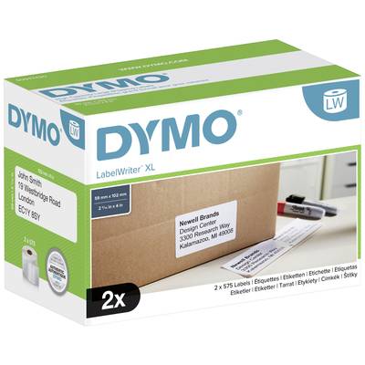 Eine DYMO LabelWriter XL Verpackung mit einem Bild eines Etiketts auf einem Paket. Enthält 2 x 575 Etiketten.