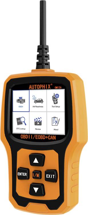 Ein orangefarbener OBDII-Diagnosescanner mit Display zeigt Menüsymbole für OBDII, I/M Lesen, Rezensionen und Info.