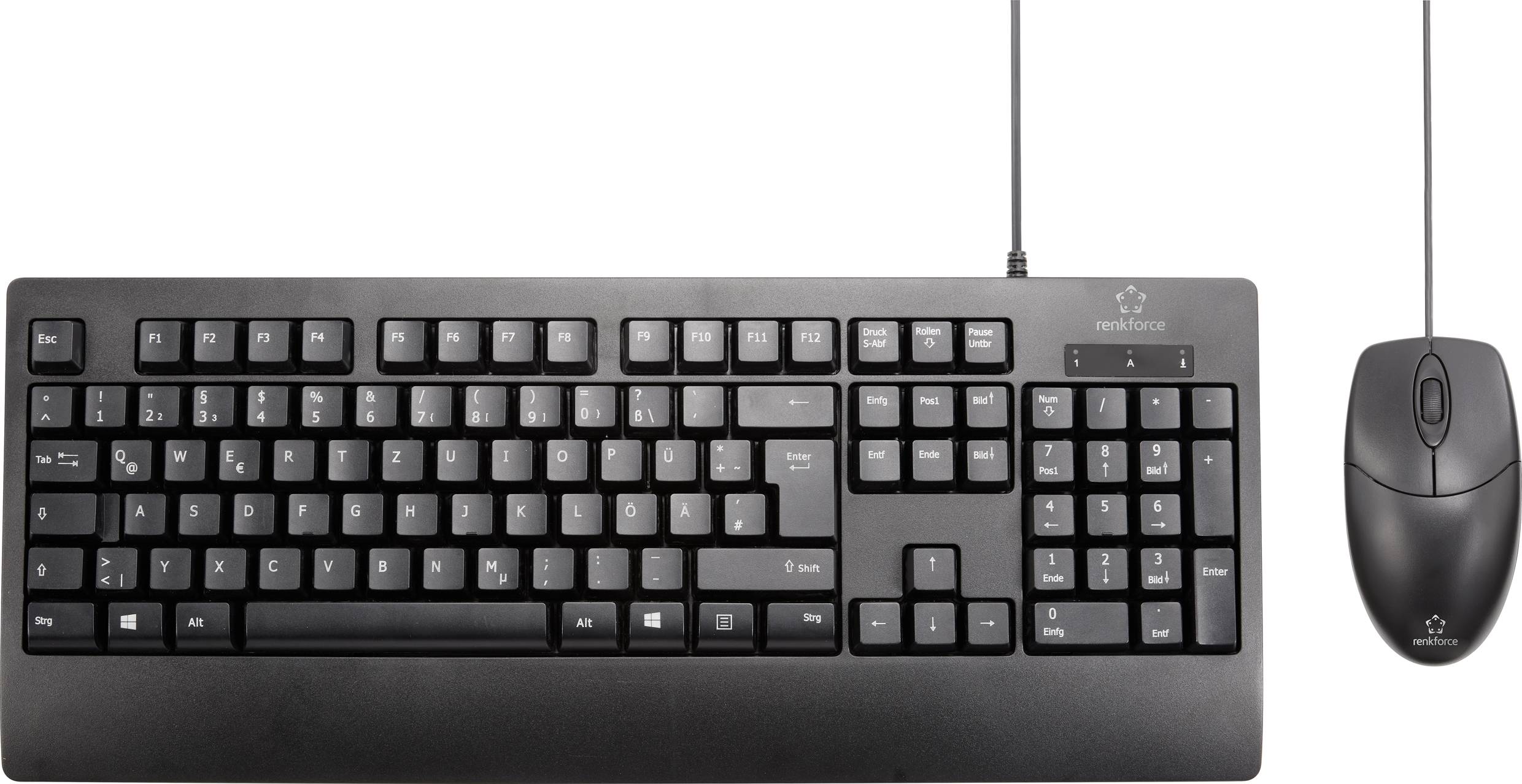 Eine schwarze kabelgebundene Tastatur mit numerischem Tastenfeld und F-Tastenreihe, daneben eine schwarze kabelgebundene Maus.