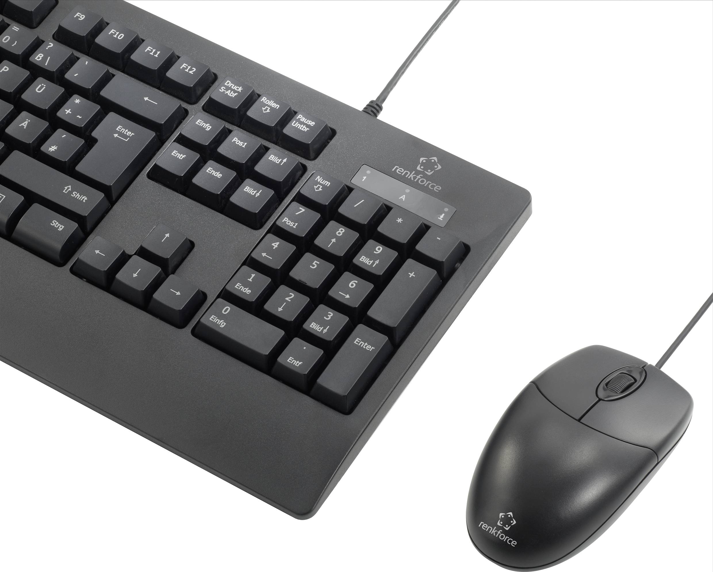 Schwarze USB-Tastatur und -Maus auf weißem Hintergrund. Beide Geräte sind verkabelt und haben das Markenlogo oben.