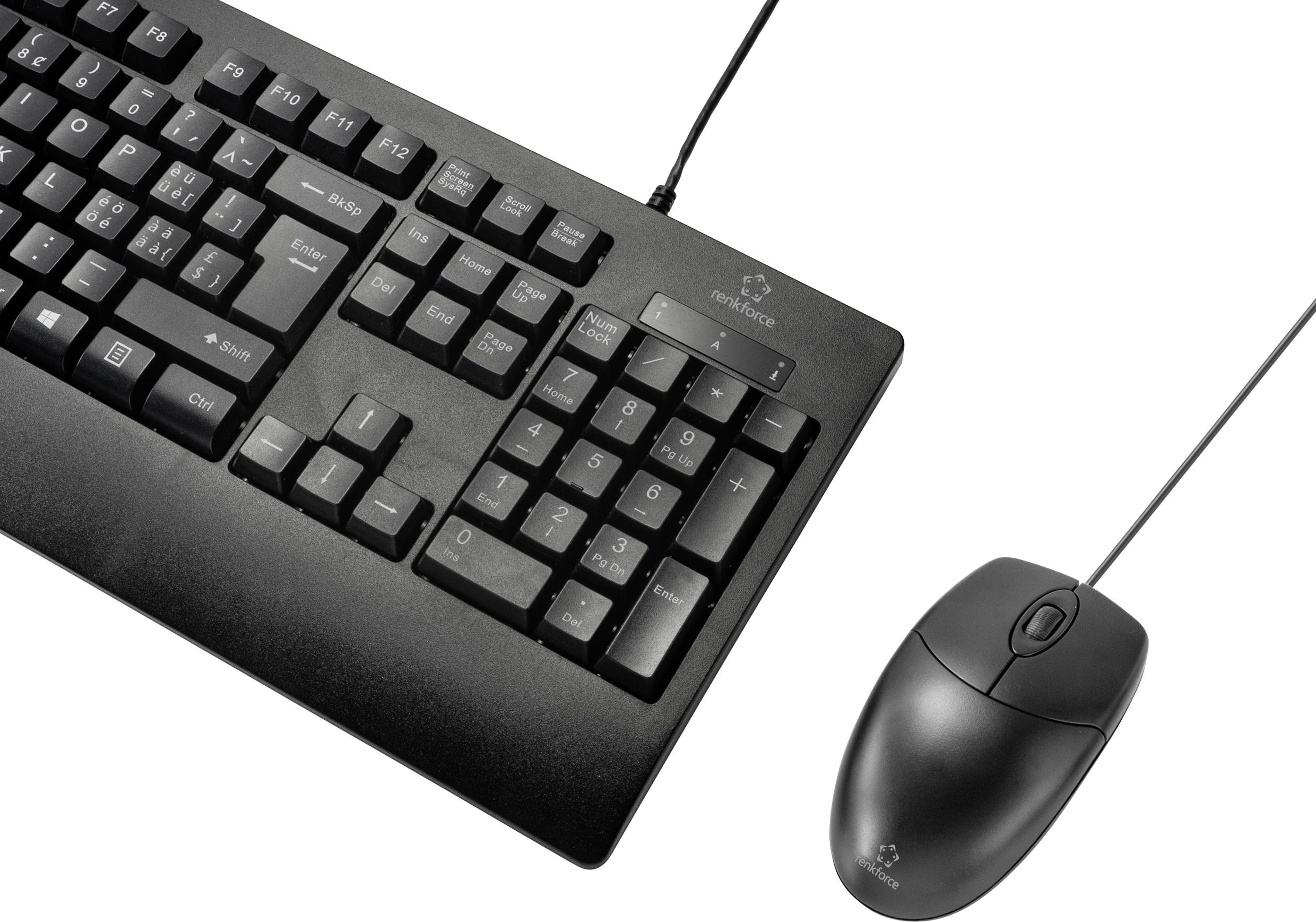 Eine schwarze Computertastatur mit Nummernblock neben einer kabelgebundenen schwarzen Computermaus.