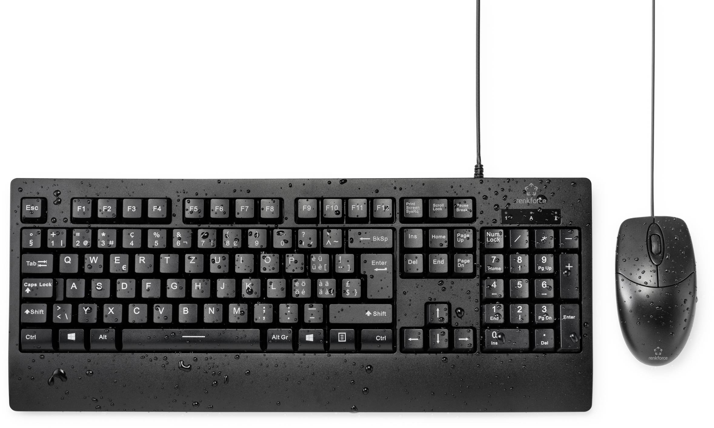 Schwarze Tastatur und Maus mit Wassertropfen auf der Oberfläche, die scheinbar wasserdicht sind.