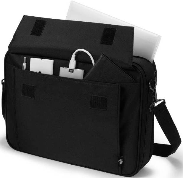 Schwarze Laptop-Tasche mit offenem Fach, das elektronische Geräte wie einen Laptop und Ladekabel zeigt. Schultergurt auf der rechten Seite.