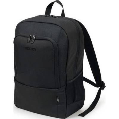 Ein schwarzer Rucksack mit zwei Hauptfächern, Reißverschlüssen und einer Trageschlaufe oben. Geeignet für den täglichen Gebrauch.