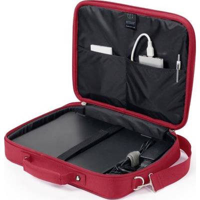 Rote Laptop-Tasche, geöffnet, mit Fächern: enthält Tablet, Ladekabel und Stift. Perfekt für Reisen oder Bürogebrauch.