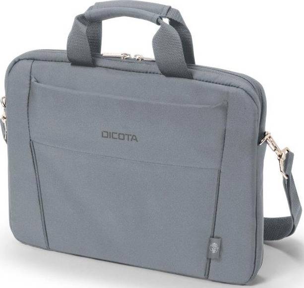 Graue Laptoptasche mit Trageriemen und Reißverschluss. Marke 'Dicota'. Vorderseitige Tasche ohne Verschluss.