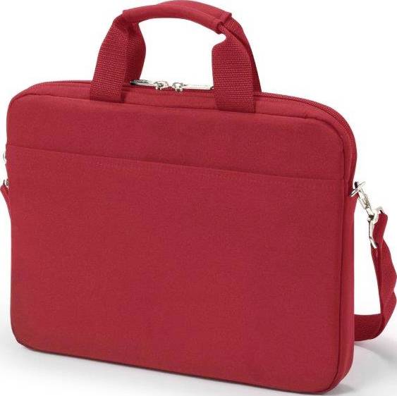 Rote Laptoptasche mit Tragegriffen und abnehmbarem Schulterriemen.