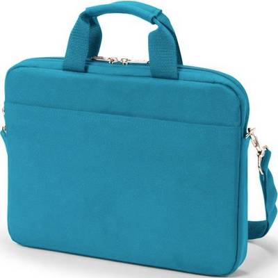 Blaue Laptoptasche mit Tragegriff und Schultergurt, Reißverschluss oben, schlichtes Design.