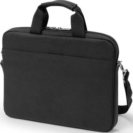 Eine schwarze Laptop-Tasche aus Stoff mit zwei Griffen und einem abnehmbaren Schultergurt.