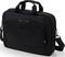 Schwarze Laptoptasche mit Reißverschlüssen und Tragegriffen. Markenzeichen auf der Vorderseite, verstellbarer Schultergurt angebracht.