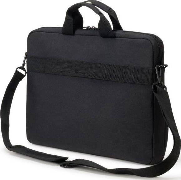 Schwarze Laptop-Tasche mit Tragegriff und abnehmbarem Schultergurt, geeignet für den Transport und Schutz von Geräten.