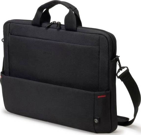 Schwarze Laptoptasche mit zwei Henkeln und einem abnehmbaren Schultergurt, aufrecht stehend.