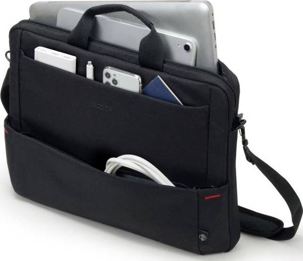 Schwarze Laptoptasche mit mehreren Fächern zeigt Laptop, Smartphone, Reisepass und Ladekabel, die aus offenen Taschen herausragen.