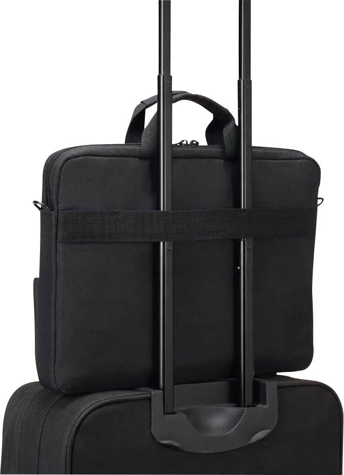 Schwarze Laptoptasche mit Trolley-Band wird über den Griff eines Rollkoffers geschoben. Ideal für Reisen.