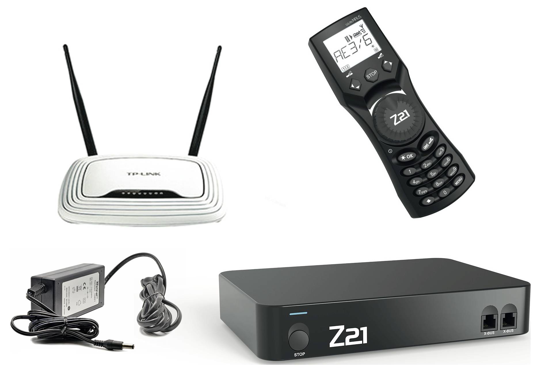 Ein Netzwerk-Router, ein schwarzer Controller mit Display, ein Netzteil und eine Z21-Steuereinheit für Modellbahnen sind abgebildet.