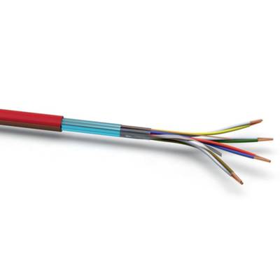 Elektrisches Kabel mit rotem Mantel, das mehrere farbige Drähte zeigt. Jeder Draht ist nach rechts freigelegt und unterschiedlich gefärbt.