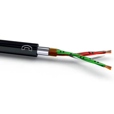 Ein offenes Kabel mit vier farbigen Kupferdrähten: zwei grün-rot gestreifte und zwei einfarbige Drähte. Hauptsächlich technische Details.