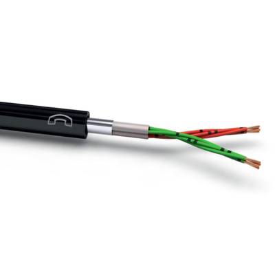 Ein offenes Kabel zeigt zwei bunte Drähte, rot und grün, die miteinander verdrillt sind.