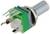 Ein elektronischer Drehschalter mit grünem Gehäuse und Metallklemmen, typisch in elektronischen Geräten zur Steuerung von Signalen verwendet.