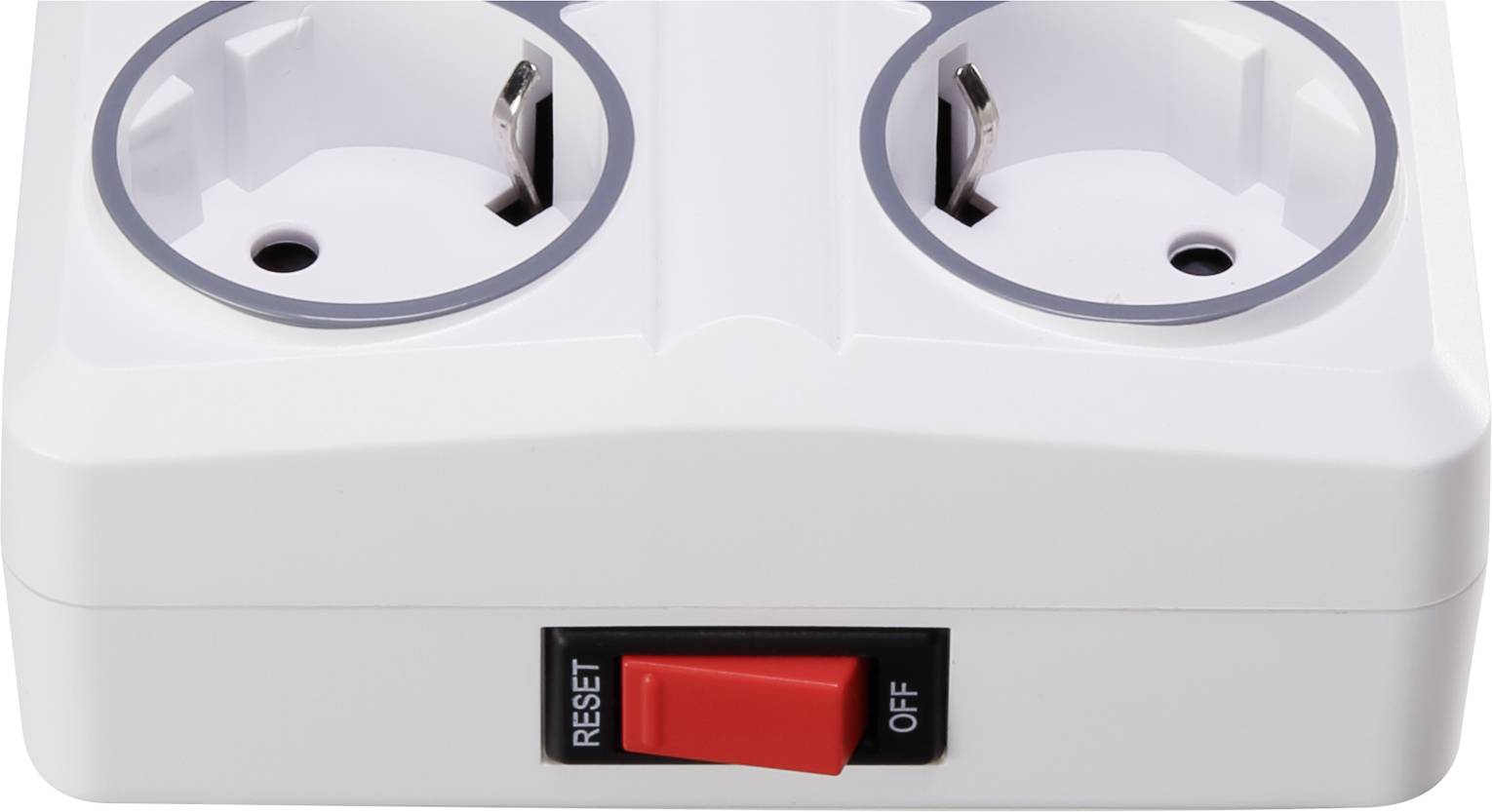 Elektrische Steckdosenleiste mit zwei Steckplätzen und einem roten Schalter, beschriftet mit 'RESET' und 'OFF'.