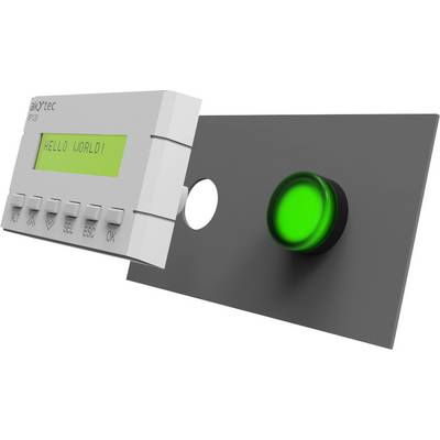 Ein Steuergerät mit grünem Display zeigt 'HELLO WORLD!'. Daneben befindet sich ein grüner Knopf auf einer schwarzen Oberfläche.