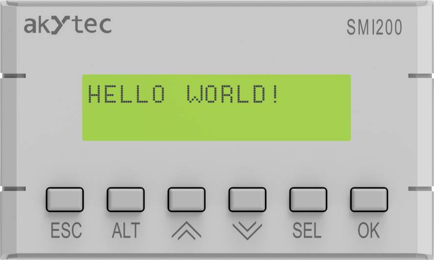 Ein elektronisches Display zeigt die Nachricht 'HELLO WORLD!' an. Darunter befinden sich sechs Tasten mit den Beschriftungen 'ESC', 'ALT', 'OK' und Steuertasten.