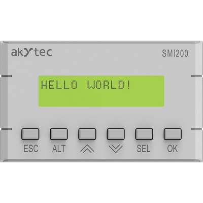 Ein elektronisches Display zeigt die Nachricht 'HELLO WORLD!' an. Darunter befinden sich sechs Tasten mit den Beschriftungen 'ESC', 'ALT', 'OK' und Steuertasten.