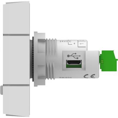 Seitenansicht eines elektrischen Moduls mit USB-Anschluss, 24V DC-Markierung und CE-Zeichen, zeigt Montageteil und Anschlüsse.