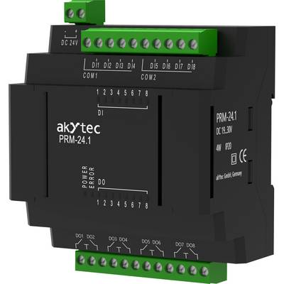 'Schwarzes PRM-24.1 Modul mit grünen Anschlüssen, DC 24V, für industrielle Automatisierung, 8 digitale Eingänge und Ausgänge.'