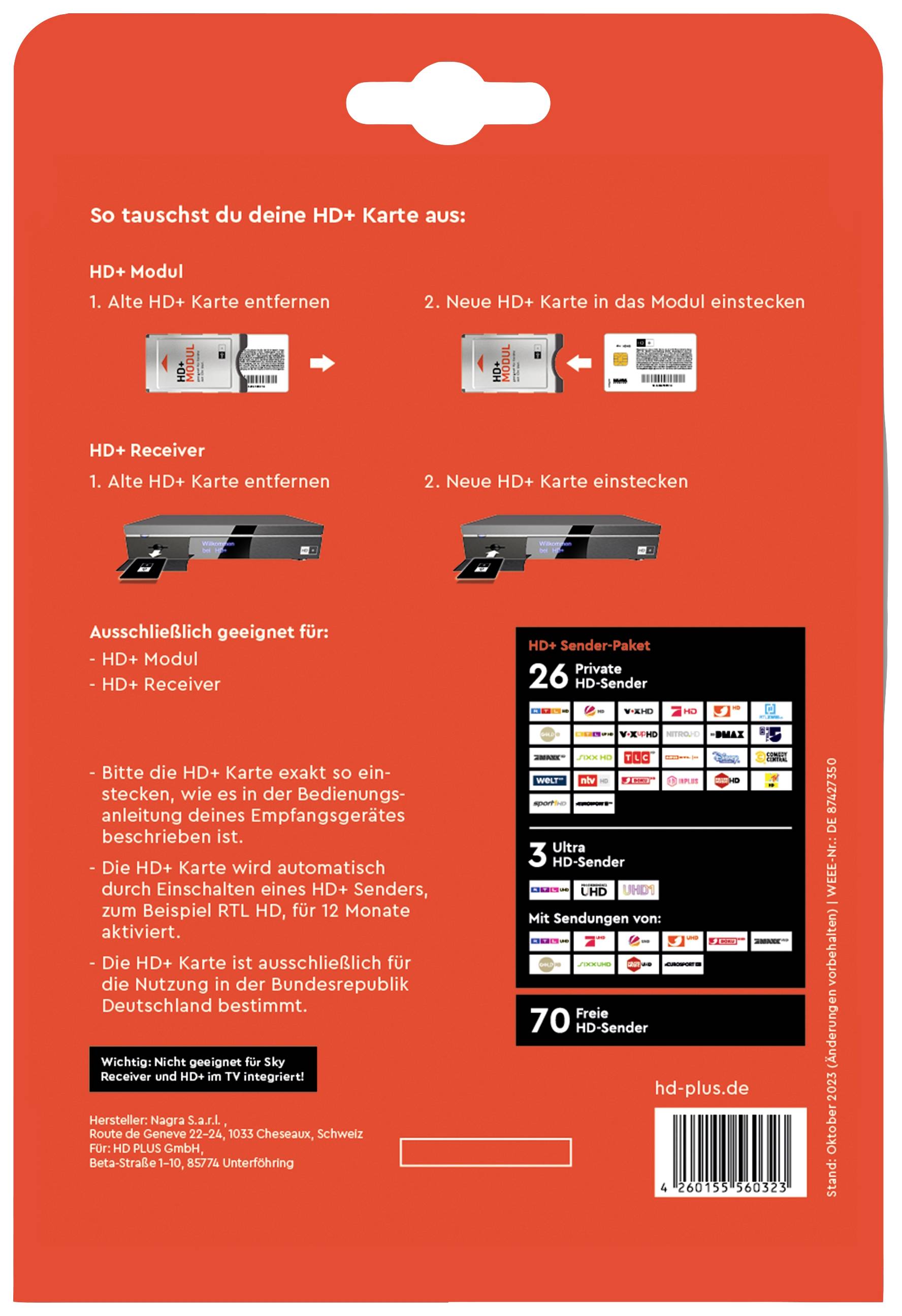 'Anleitung zum Tauschen der HD+ Karte: Karte aus Receiver entfernen, in neues Modul einstecken. Nur für HD+ Modul/Receiver geeignet.'