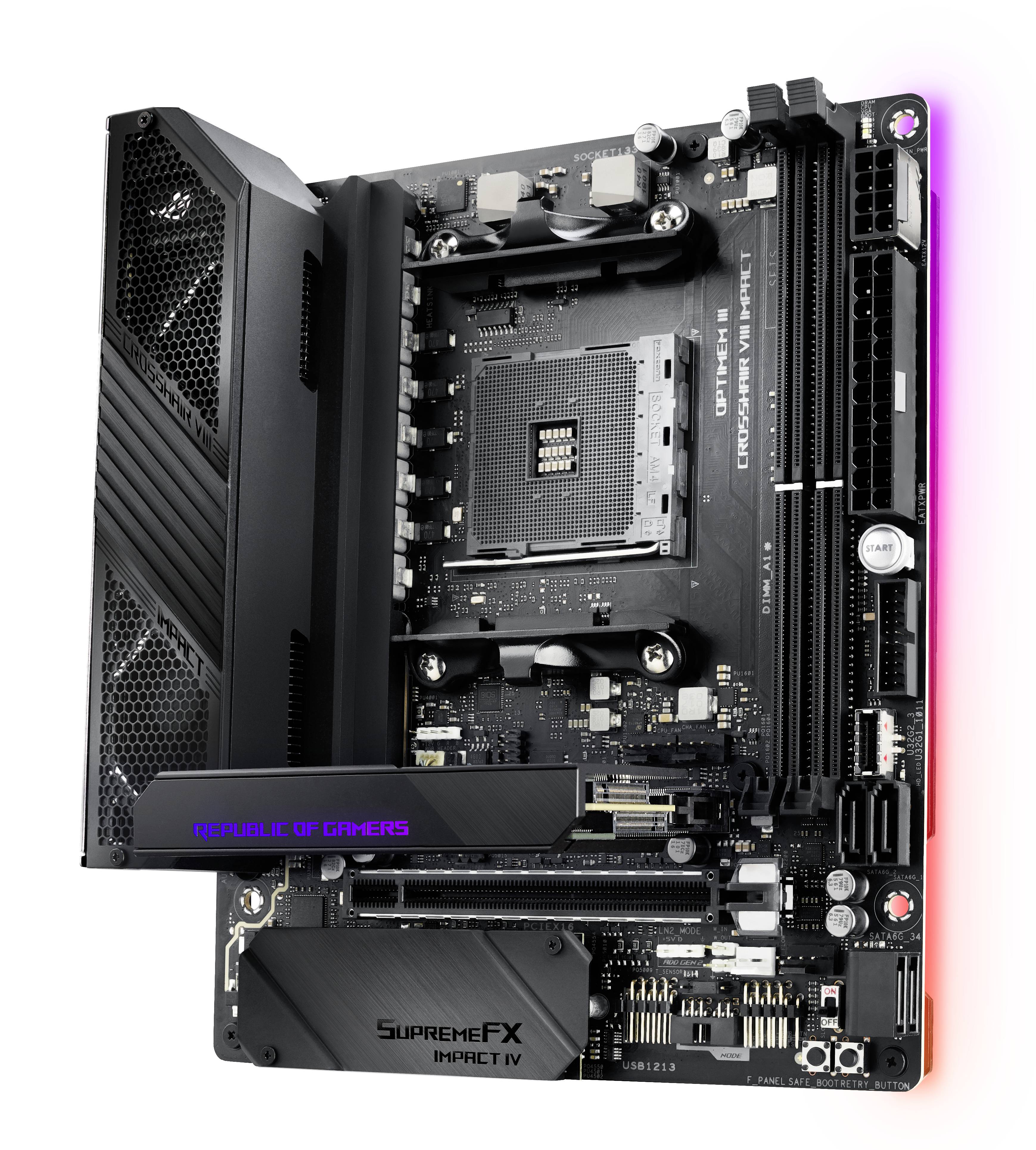 Mainboard mit schwarzem Design, RGB-Beleuchtung, mehreren Steckplätzen und Anschlüssen. Eignet sich für Gaming-PCs. Markierung: 'Republic of Gamers'.