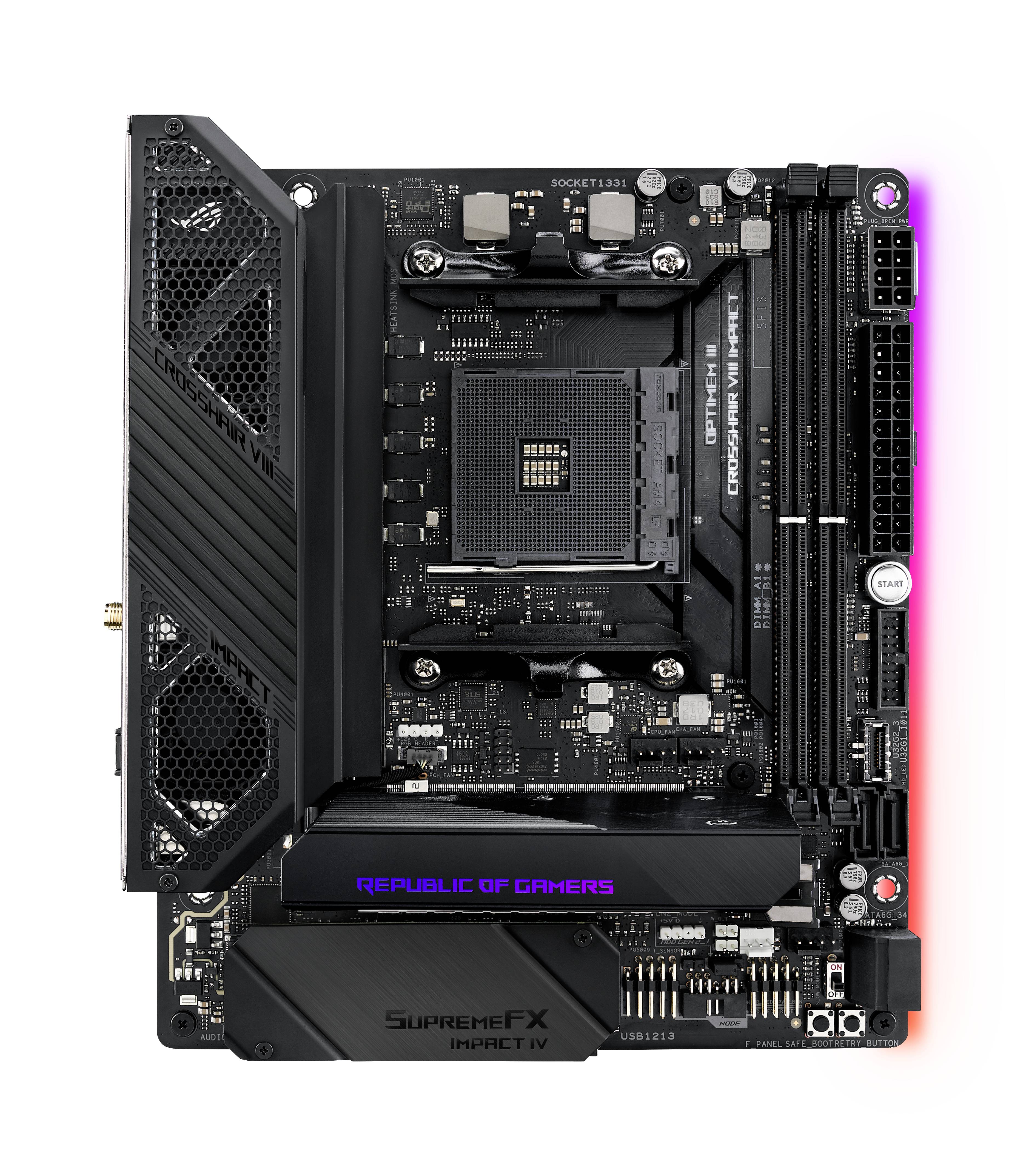 Abbildung eines Motherboards für Computer, mit Aufschrift 'Republic of Gamers', schwarzes Design, zahlreiche Anschlüsse und Komponenten.
