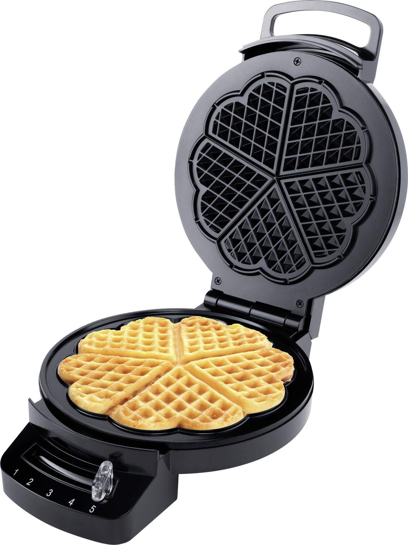 Ein geöffneter Waffeleisen mit gebackener, herzförmiger Waffel auf der Heizplatte, daneben ein Einstellknopf mit den Zahlen 1 bis 5.