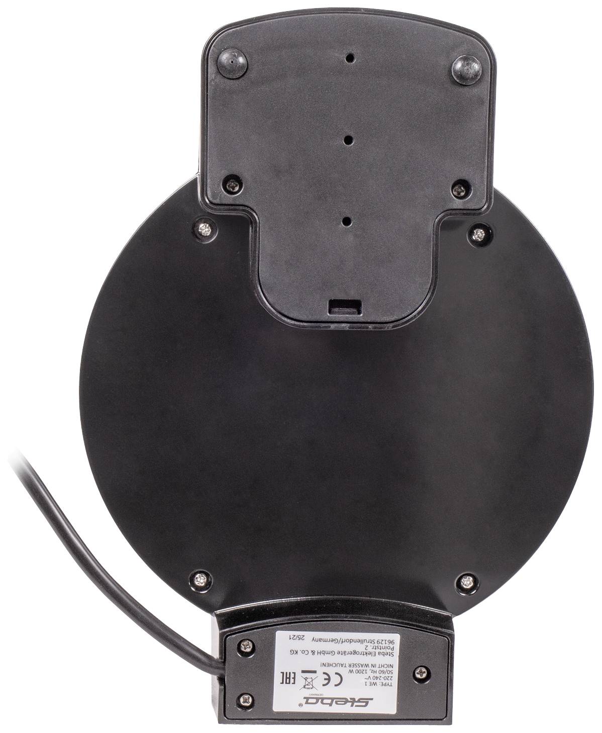 Ein schwarzes, rundes Gerät mit Kabel und Schrauben, vermutlich eine elektrische Komponente, auf weißem Hintergrund.