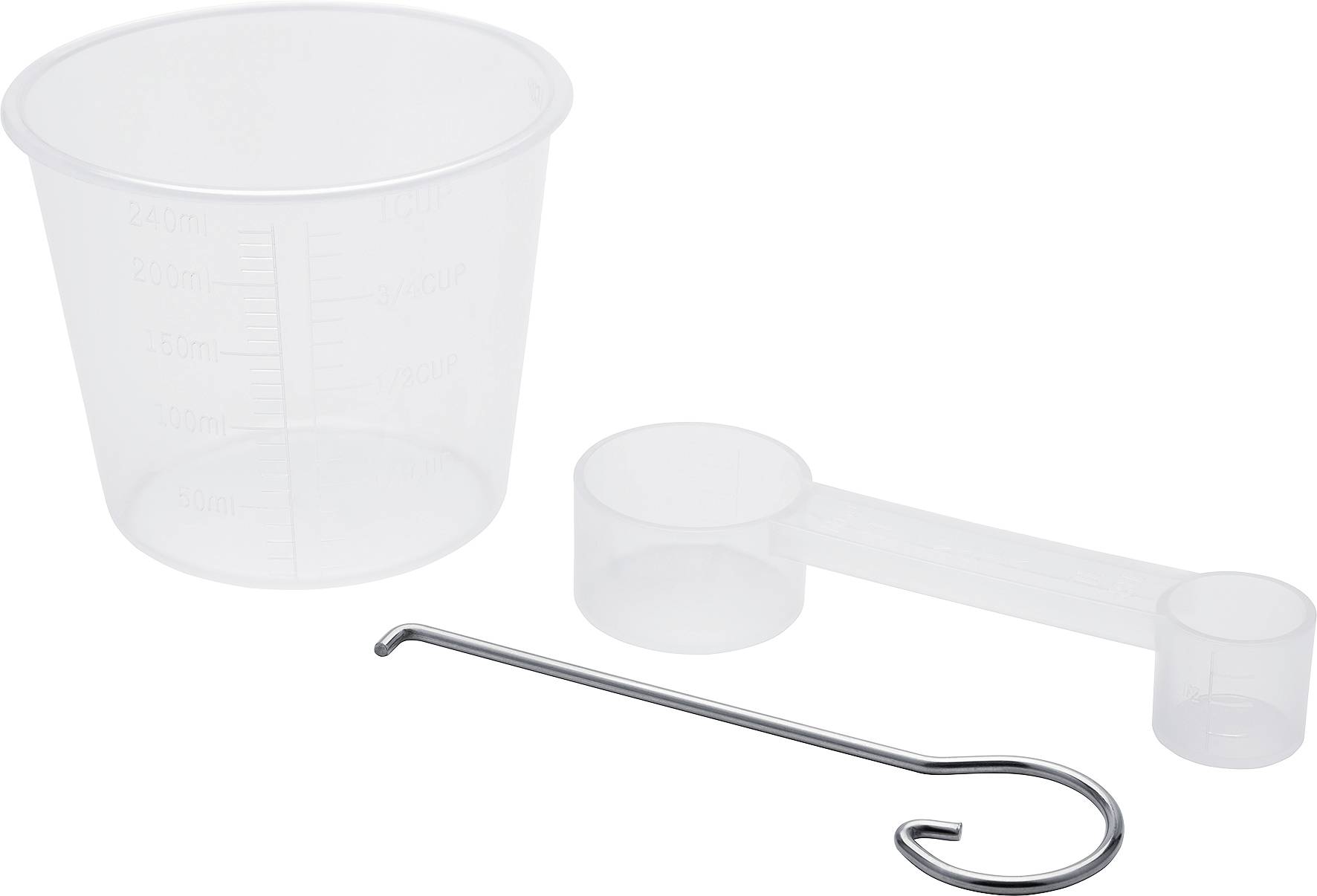 Messbecher, Messlöffel und Metallhaken auf weißem Hintergrund. Messbecher mit Skalierung für Volumenmessung; Haken zur Aufhängung geeignet.