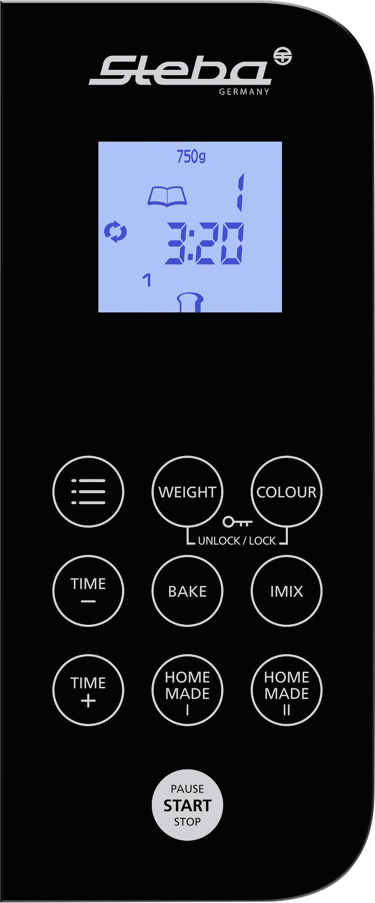 'Steba' Bedienfeld eines Brotbackautomaten zeigt 750g, Bräunungsgrad 1, Programm 1, 3:20 Stunden Backzeit. Tasten für Gewicht, Farbe, Zeit, Backen und Programme.