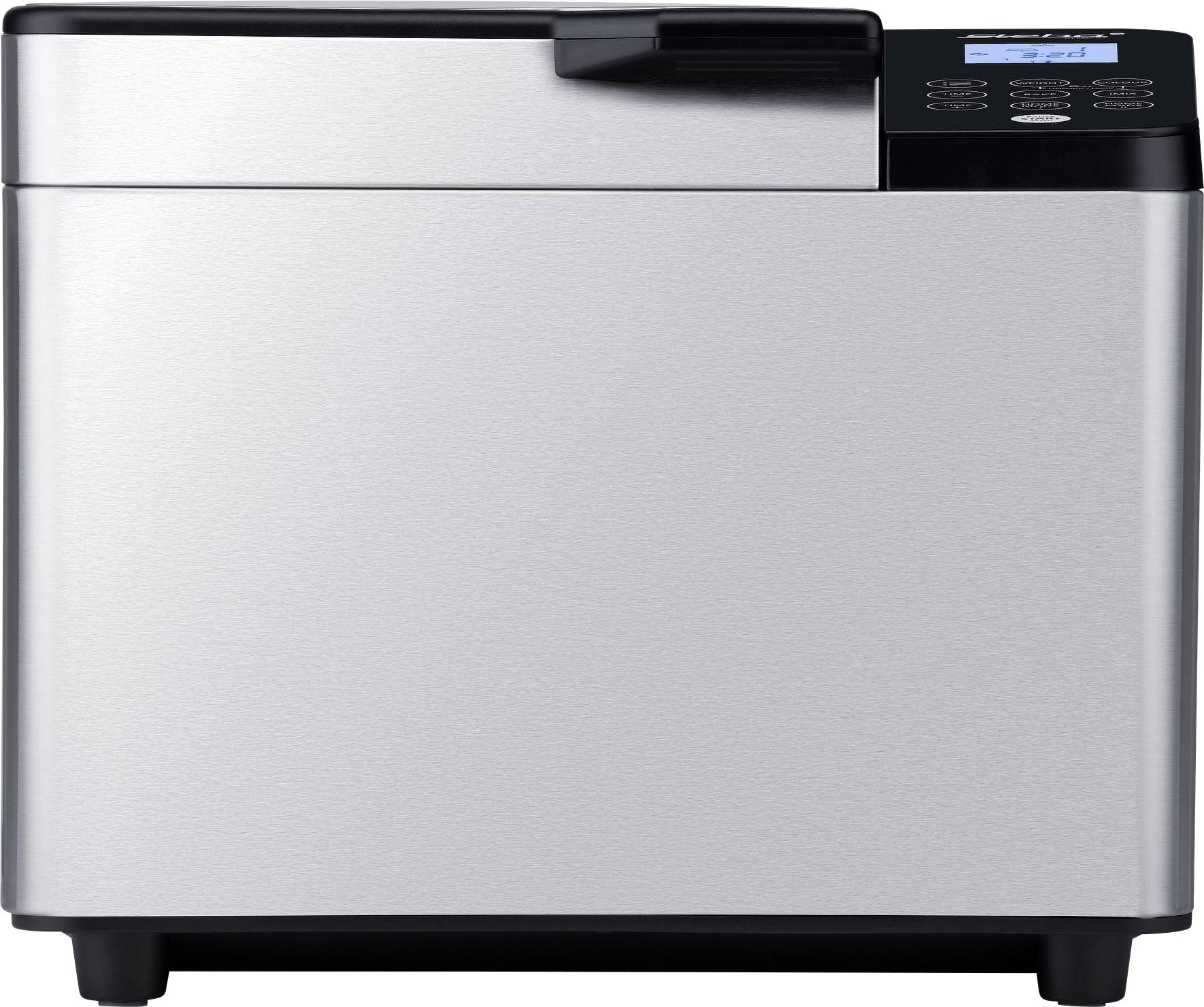 Silberner Brotbackautomat mit schwarzem Bedienfeld und Display oben rechts; rechteckige Form, robuste Bauweise, vier Standfüße.