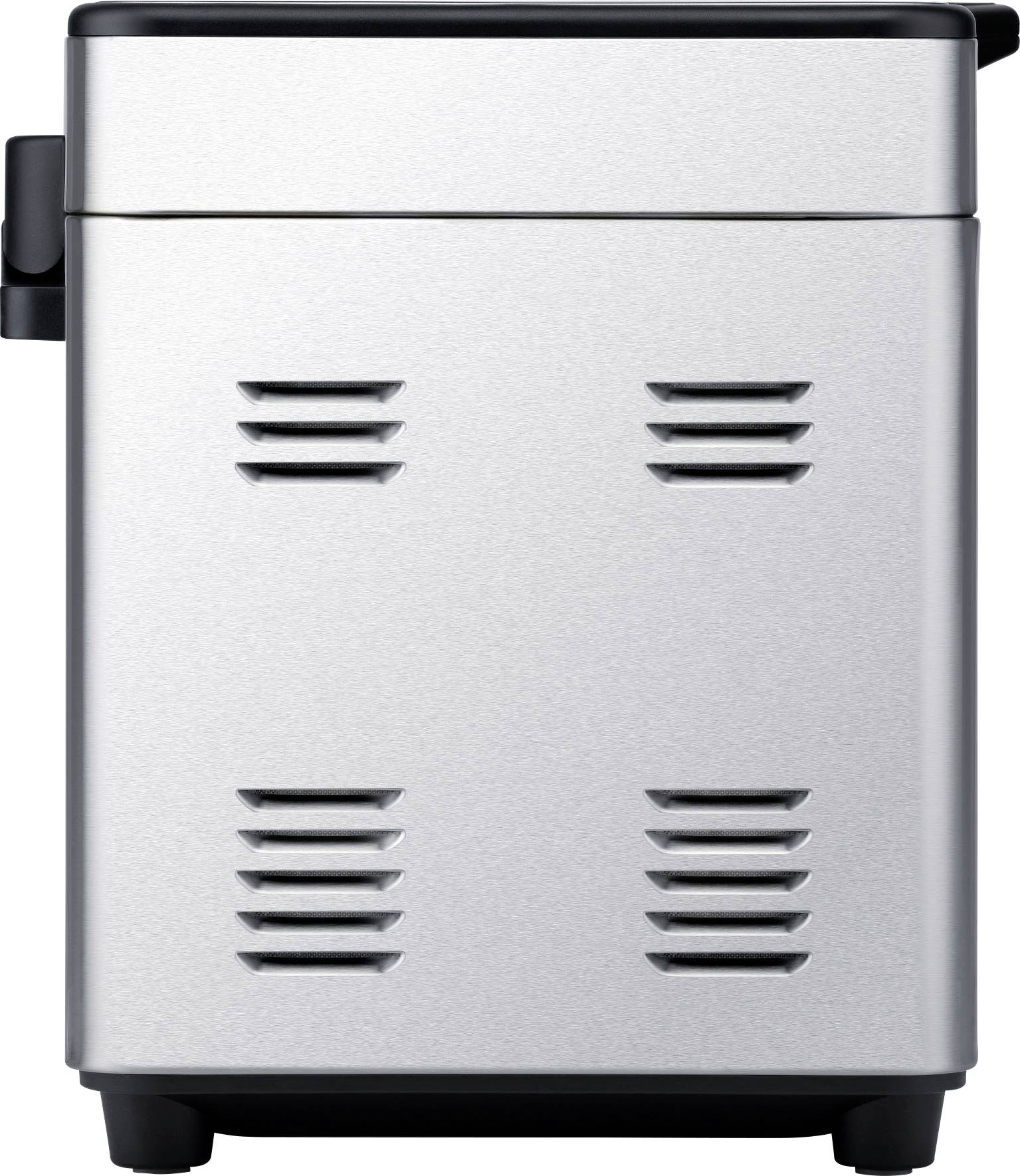 Ein silberner, rechteckiger Behälter mit Lüftungsschlitzen an den Seiten, möglicherweise ein kleiner Haushaltsmülleimer.