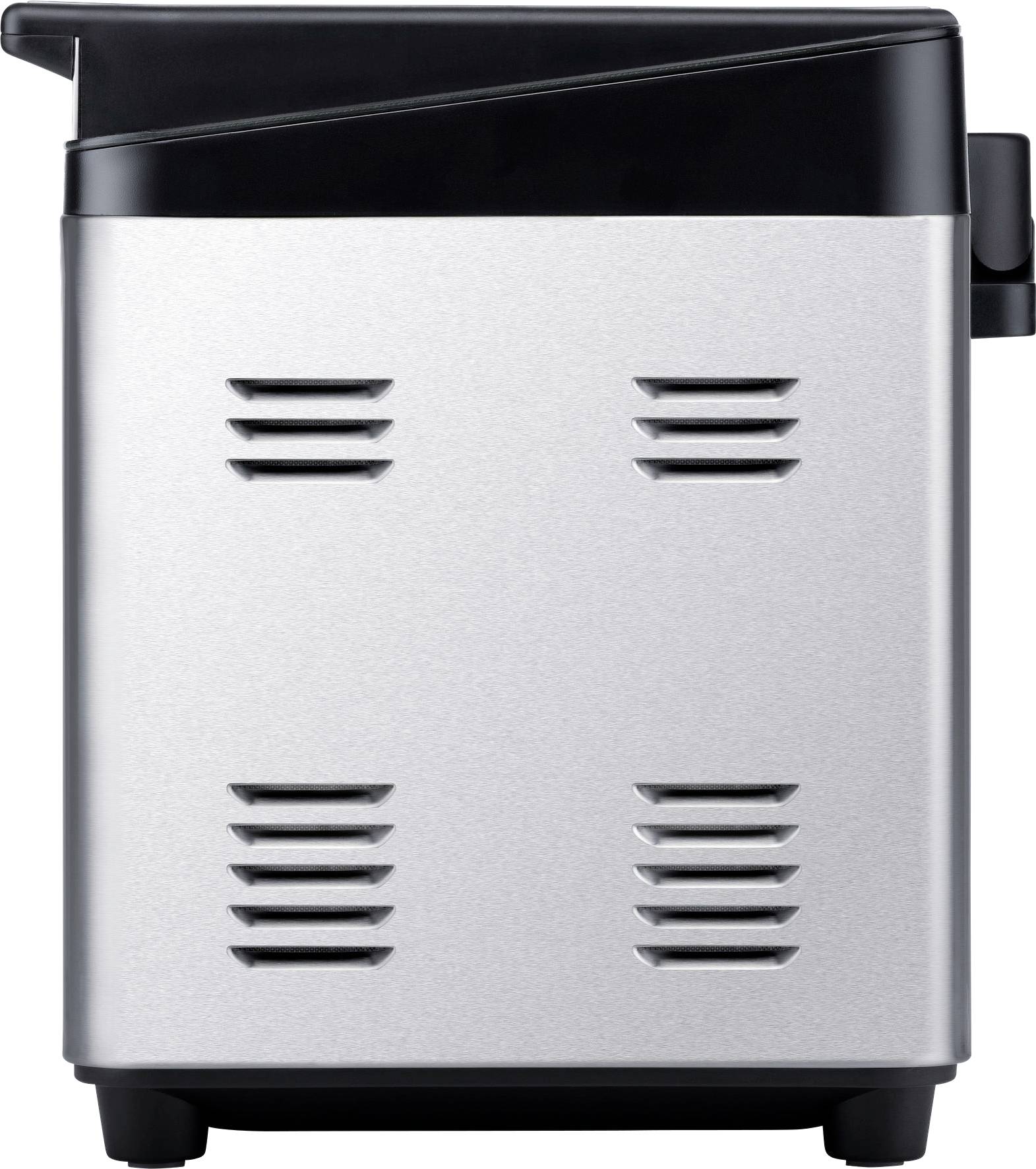 Kleine, silberne Metallbox mit schwarzem oberen Rand und Belüftungsschlitzen; möglicherweise ein Haushaltsgerät.