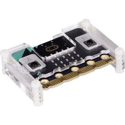 Ein kleiner Mikrocontroller mit zwei Tasten, 'A' und 'B', sowie LEDs und Anschlüssen. Eingebettet in ein transparentes Gehäuse.