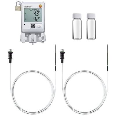 Ein digitales Thermometer mit Anzeige der Temperatur und Luftfeuchtigkeit, zwei Temperaturfühler und zwei kleine Fläschchen.