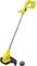 Gelber Akku-Rasentrimmer mit langem Griff und Schneidkopf unten, daneben eine Ersatzspule.