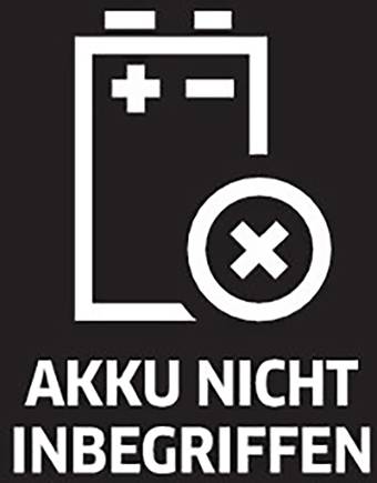Symbol eines Batterieicons mit einem Kreuz daneben und dem Text 'AKKU NICHT INBEGRIFFEN'.
