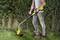 Eine Person trimmt mit einem gelben Rasentrimmer das Gras an einem Gartenrand. Im Hintergrund sind Büsche zu sehen.