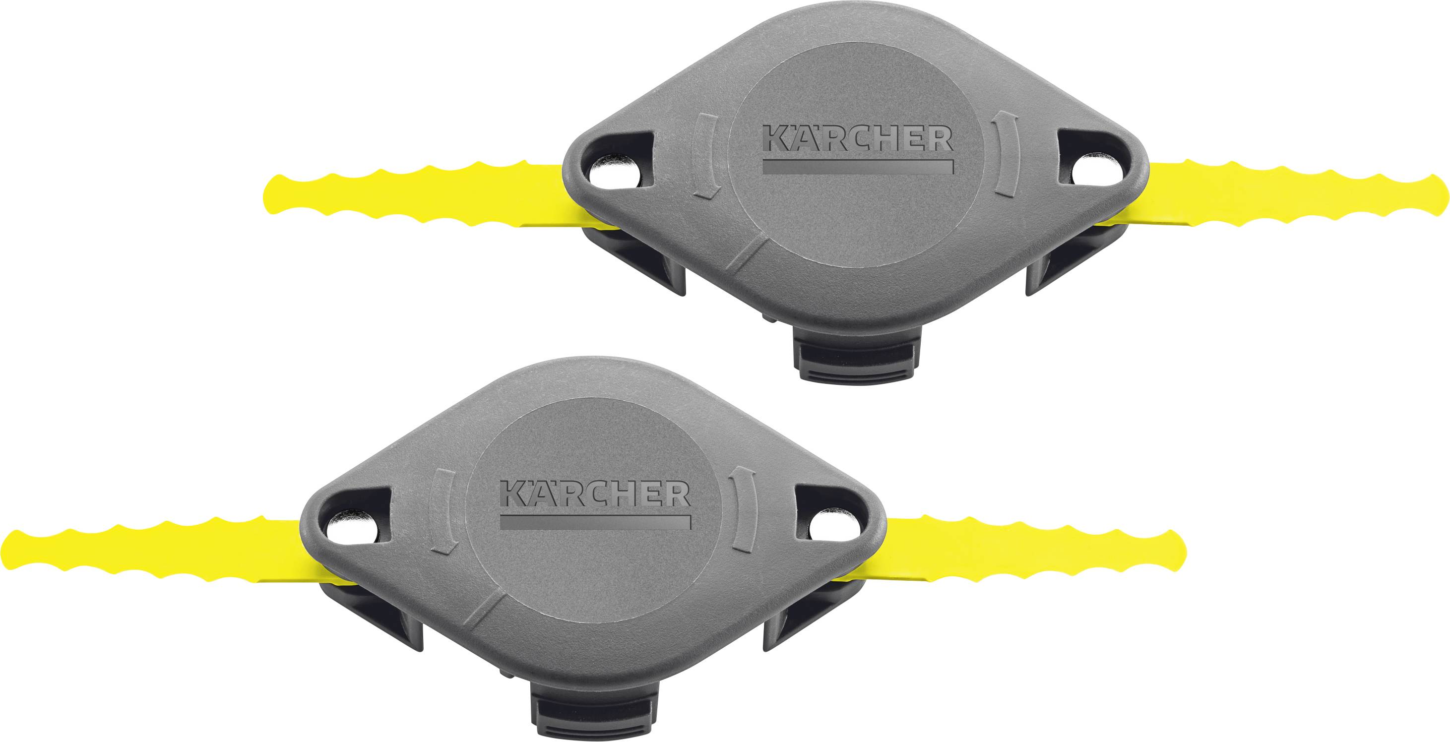 Zwei graue Kärcher Ersatz-Messertrommeln mit gelben Kunststoffmessern.