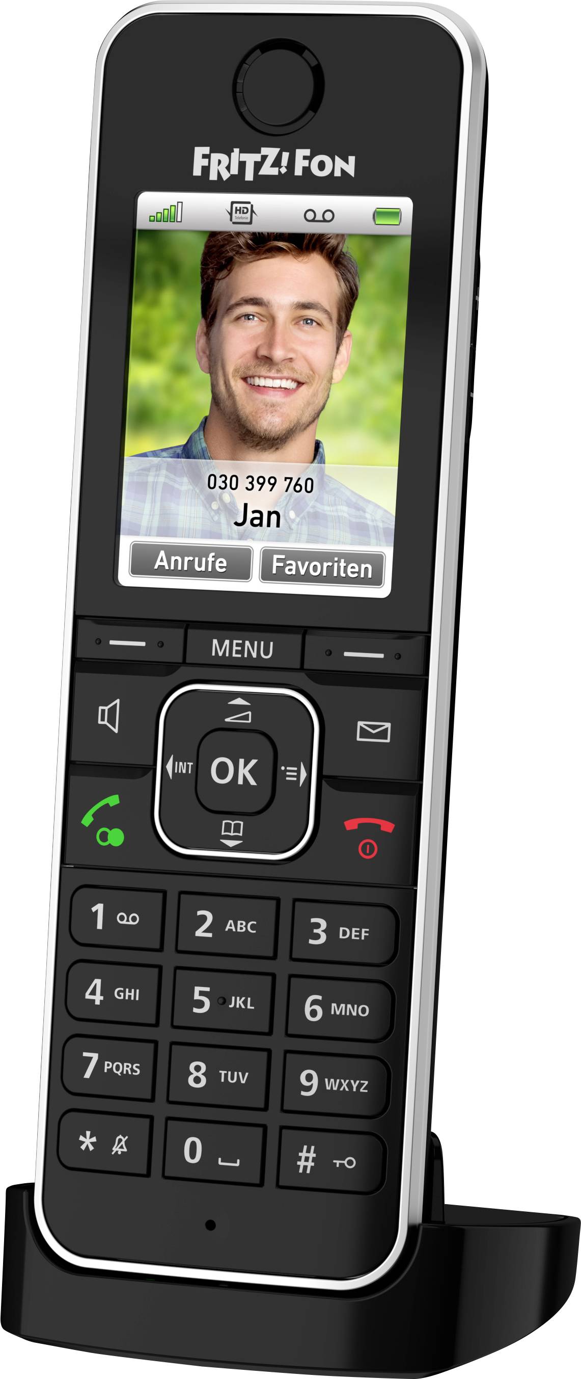 Ein kabelloses Telefon mit Farbdisplay zeigt ein Kontaktbild und Optionen für 'Anrufen' und 'Favoriten'.
