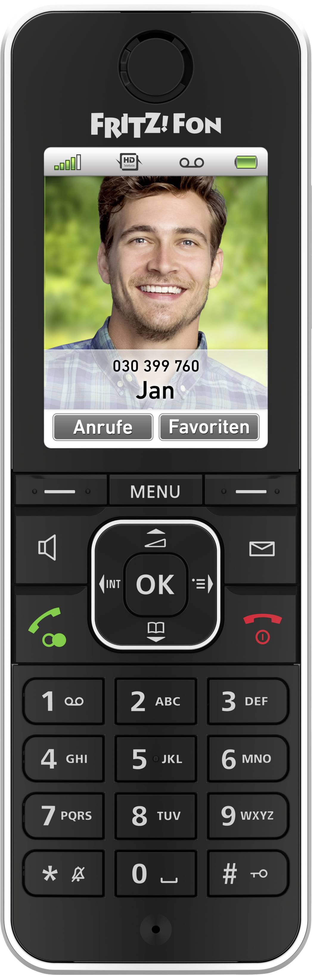 Ein schnurloses Telefon mit Display zeigt das Bild einer Person. Auf dem Bildschirm steht: '030 399 760 Jan'. Tasten für Menü, Anruf und Favoriten sind sichtbar.
