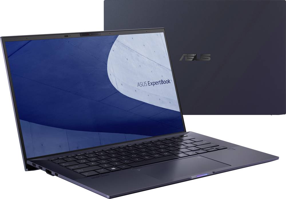 Auf diesem Bild sieht man ein Asus ExpertBook von der Vorder- und Rückseite