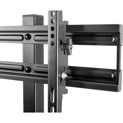Ein schwarzer, verstellbarer TV-Wandhalter mit Schwenkarm und Löchern für Kabelmanagement. Der Halter ermöglicht flexible TV-Positionierung.